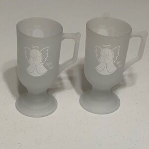 Vintage‎ Noel 1985 Angel Frosted Glass Footed Pedestal Irish Coffee Mug Set of 2